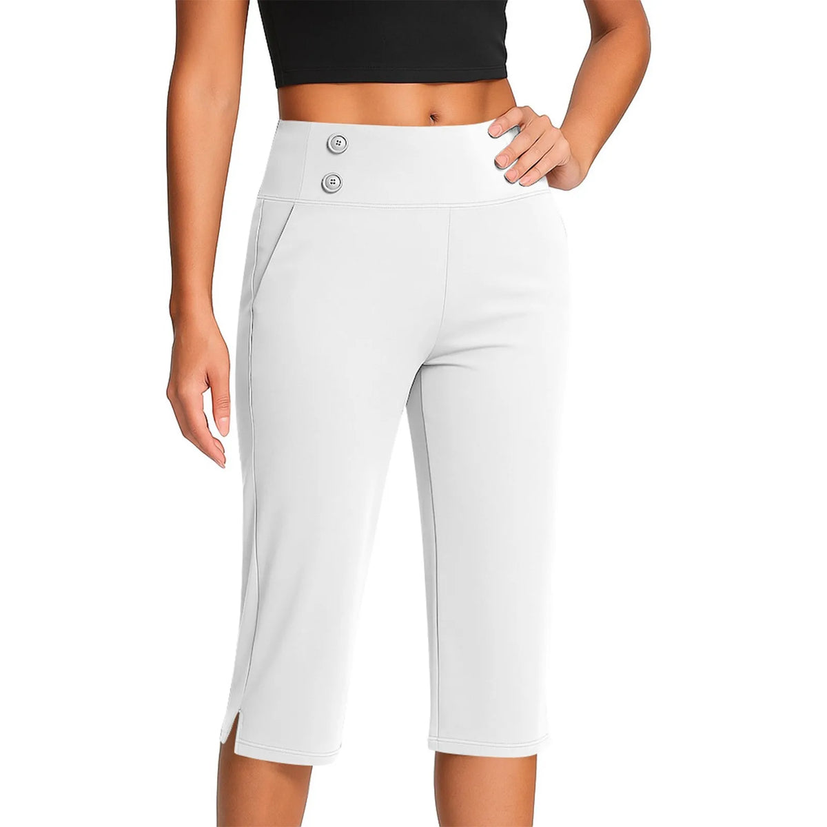 Cyflymder  Women's Thin Yoga Pants Fashion Solid Color Button Pocket Pants With Split Hems High Waist Sports Yoga Casual Capri Pants