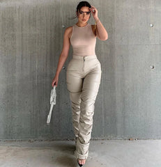 Cyflymder  Side Slit Drawstring Pencil Pants Trend Streetwear Slim Outfits Faux Leather Pants Cyber Y2K Vintage Stacked Zipper