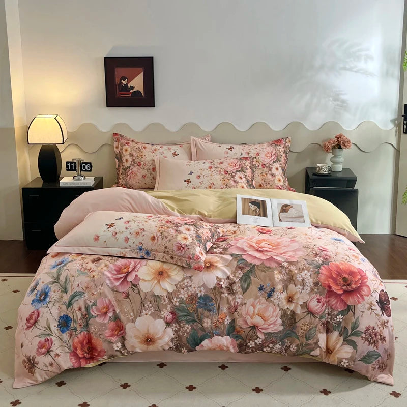 Cyflymder  100% Cotton Flowers Print Luxury Bedding Set Single Double Queen King Size Duvet Cover Flat/Fitted Bed Sheet Pillowcases 3/4Pcs