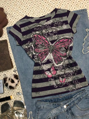 Cyflymder  Aesthetic T-shirt Slim Goth Punk Harajuku Stripe Crop Top Vintage Woman Clothes O-Neck Hot Girl Y2k 90s Summer Fashion Print Tee