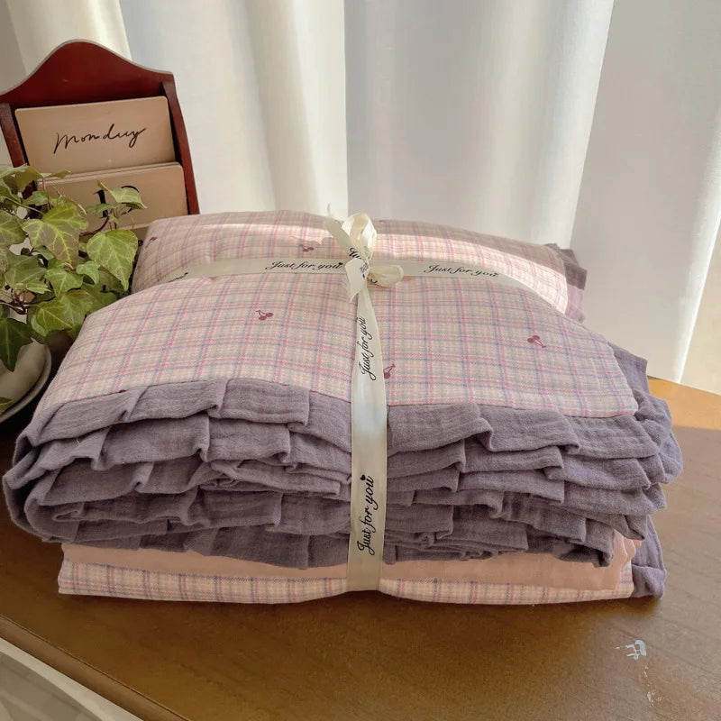 Cyflymder  New A-Class Hollow Lace Bedding Set Fitted Sheet Quilt Cover Pillowcase for Spring Summer Korean Skin Friendly Cozy Bedclothes