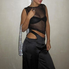 Cyflymder  Women New 2025 Sexy Sleeveless Tank Tops Sparkling Fashion See-through Simple Style Carnival Party Vest Tops Y2K Streetwear