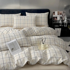 Cyflymder  100% Cotton Geometric Pattern Printed Bed Sets Soft Grid Duvet Cover Bedsheet Pillowcases for Home Single Queen Size Bedding Set