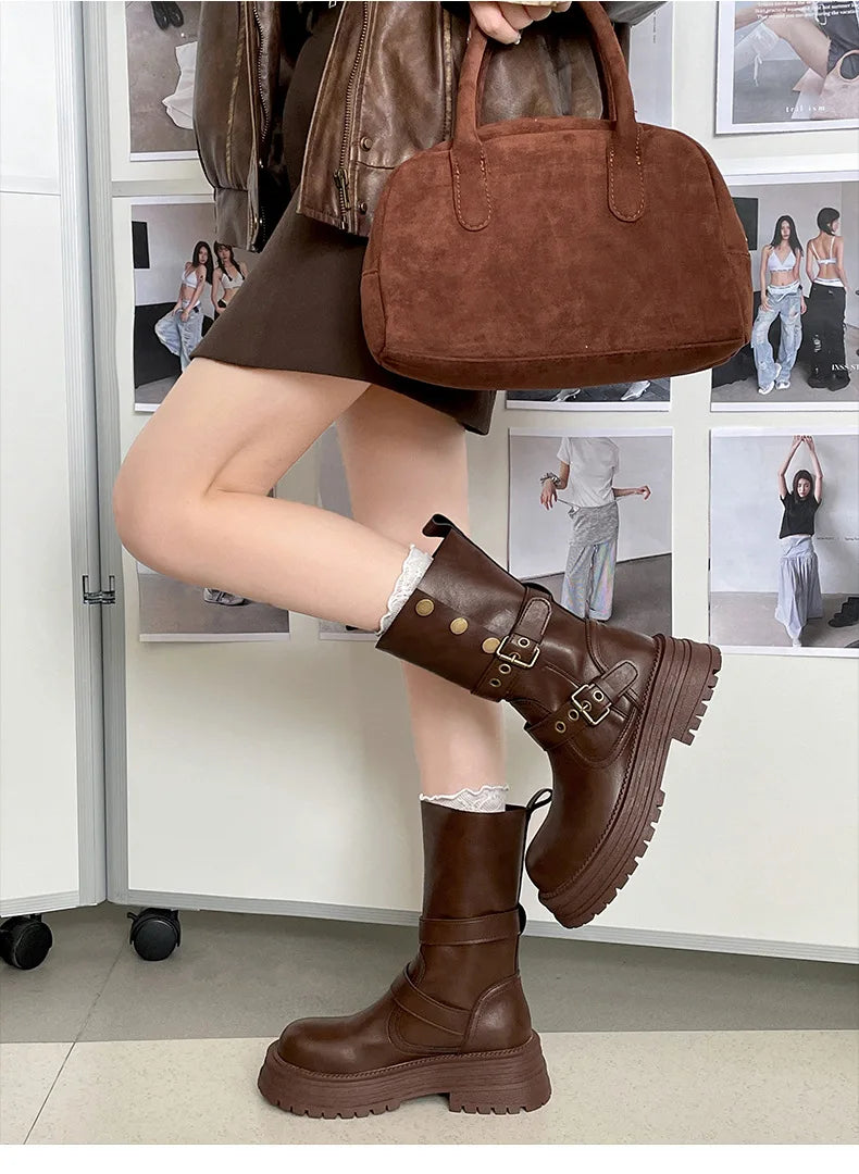 Cyflymder  Vintage Height Increase  Women Knight Boots Square Heels Goth Mid Calf Booties Buckle Strap Casual Shoes
