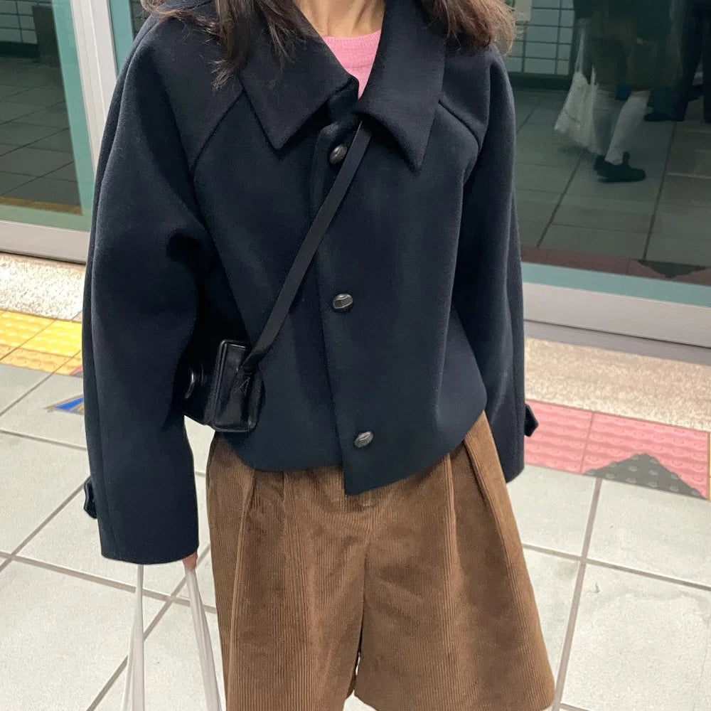 Cyflymder  Retro Chic Lapel Single Button Woolen Coat ort Loose Sle for Small Figures Women's Faionable Outerwear