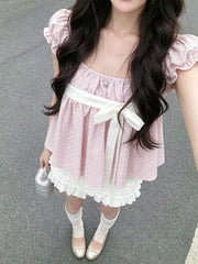 Cyflymder  Coquette Sweet French 2 Piece Set Women Puff Sleeve Square Neck Polka Dot Bow Blouse Ruffle Cake Shorts Casual Daily Outfit