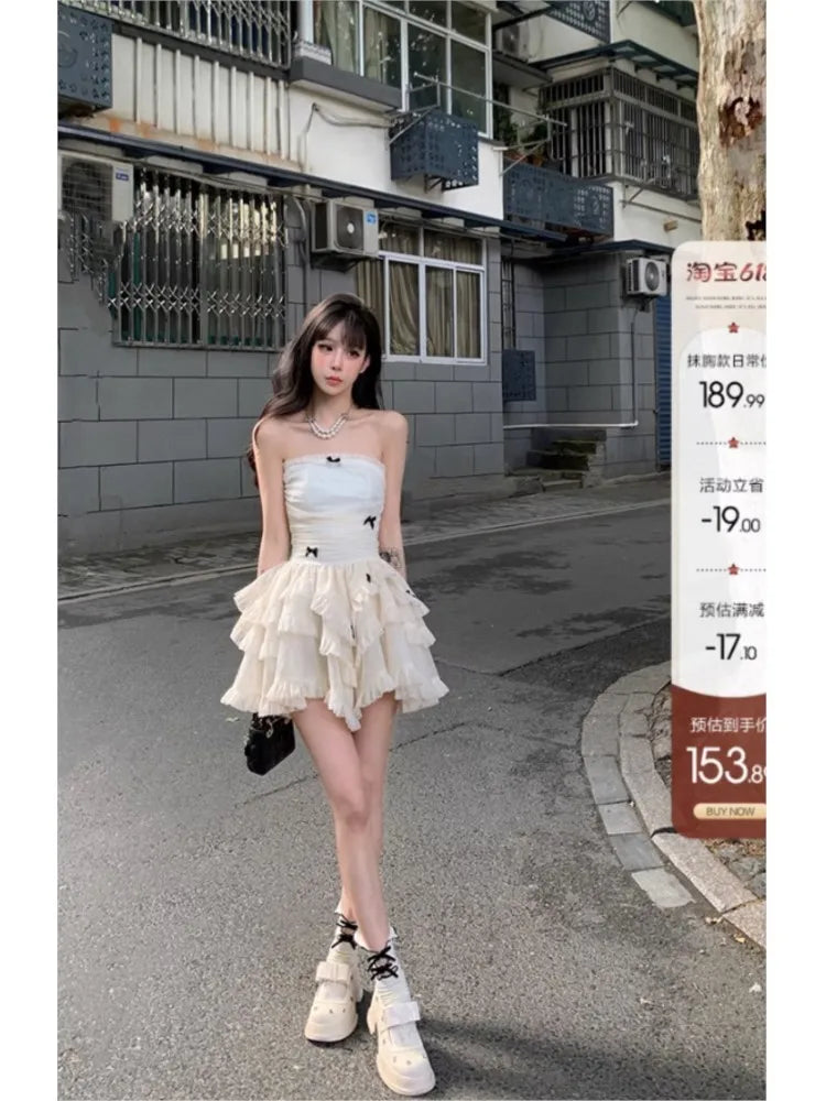 Cyflymder  Summer French Vintage Sweet Dresses Female Kawaii Y2K Fashion Fariy Mini Dress Korean Party Ruffles Puff Sleeve Cake Dress