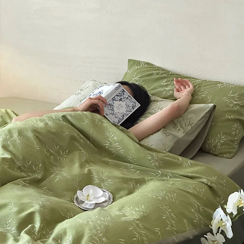 Cyflymder  Green 100% Cotton Bamboo Leaf Jacquard Bedding Sets New Soft and Comfortable Quilt Set for Home Adult Kids Fitted Sheet Kit