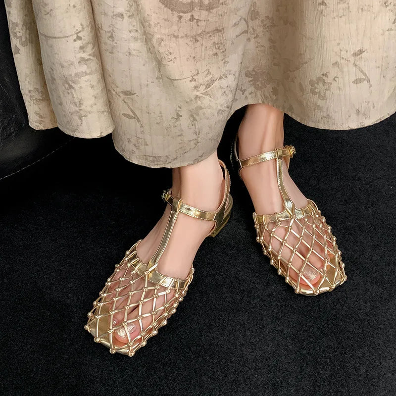 Cyflymder  French Retro Gold Hollow Mesh Beautiful Bag Head Sandals Women's Rear Empty Buckle Belt Low Heel Women's Single Shoes