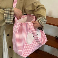 Cyflymder  Sweet Y2k Aesthetic Kawaii Plaid Shoulder Bags All Match Women Drawstring Casual Handbags New Fashion Grunge Canvas Underarm Bag
