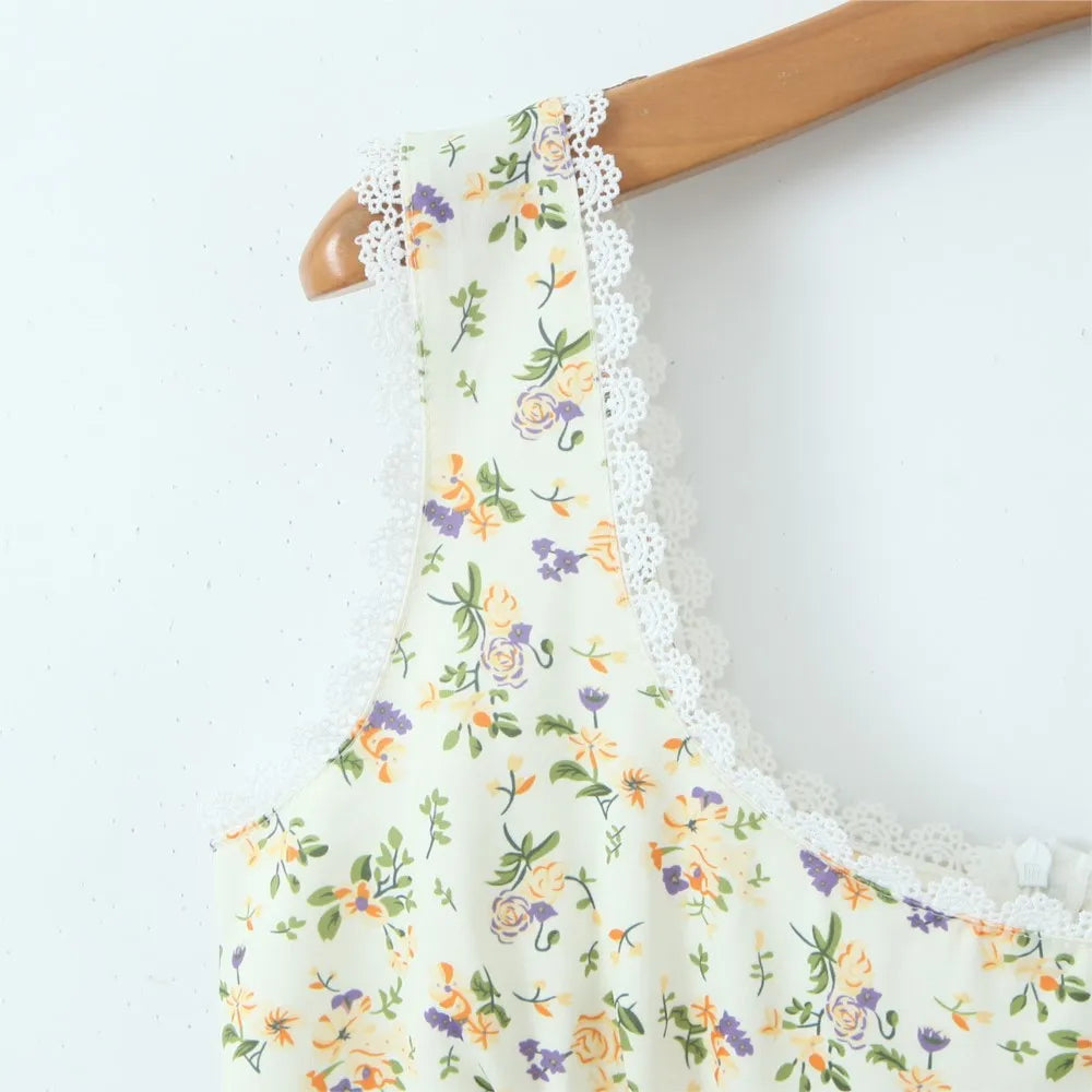 Cyflymder  Sexy Satin Flower Print Spliced Lace Square Collar Mini Tank Dress Women Slim Waist A-Lined Sleeveless Short Robe Holiday