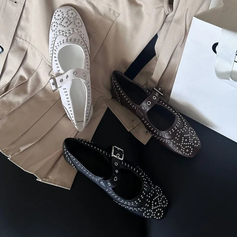 Cyflymder  Retro Rivet Buckle Design Flats Women Round Toe Shallow Elegant Mary Jane Shoes for Ladies Fashion Brand Designer Casual Shoes
