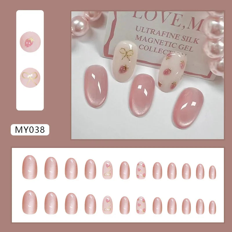 Cyflymder 24pcs/set French Strawberry Butterfly Cat Eye Press on Nails Fake Nails Manicure Detachable Nail Tips Oval False Nails Full Set