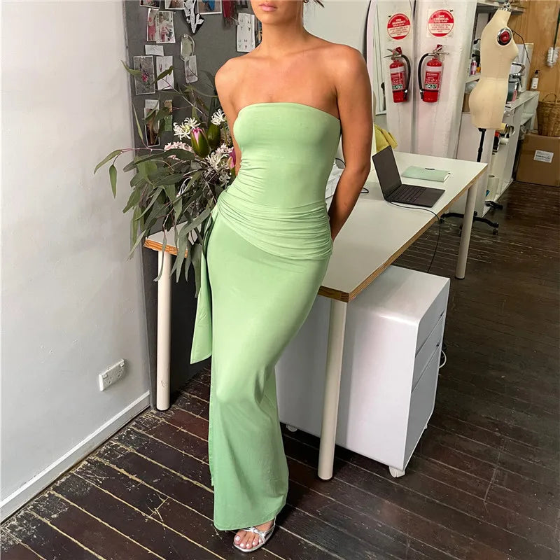Cyflymder  Women Strapless Maxi Dress Boho Floral Print Bodycon Long Tube Dress Summer Tie Waist Long Holiday Beach Sundress