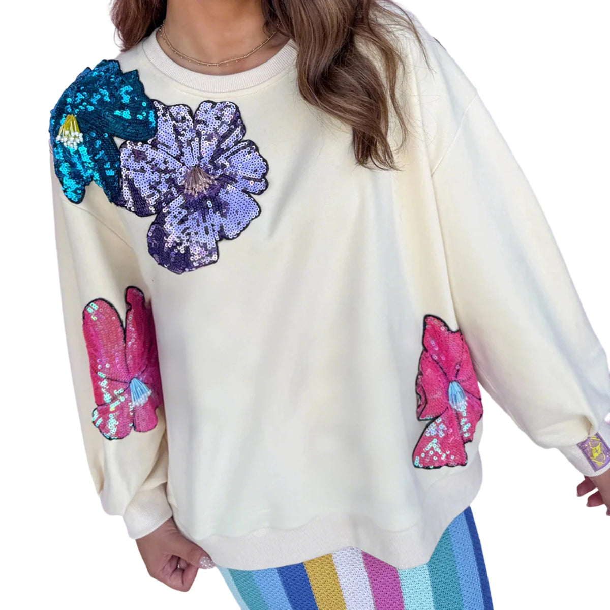 Cyflymder  Women s Casual Long Sleeve Round Neck Sequins Embellished Floral Print Pullover Sweatshirt for Spring and Autumn