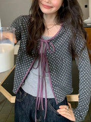 Cyflymder  Polka Dot Lace-up Cardigan Women Korean Chic Sweet Contrast Color Slim Fit Crop Top Autumn Y2k Long Sleeve T-shirts Ins