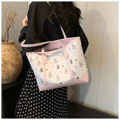 Cyflymder  Harajuku Aesthetic Bear Print Pink Handbag Women Versatile Large Capacity Shoulder Bags Wallet Female Retro Casual Tote Bag 2025