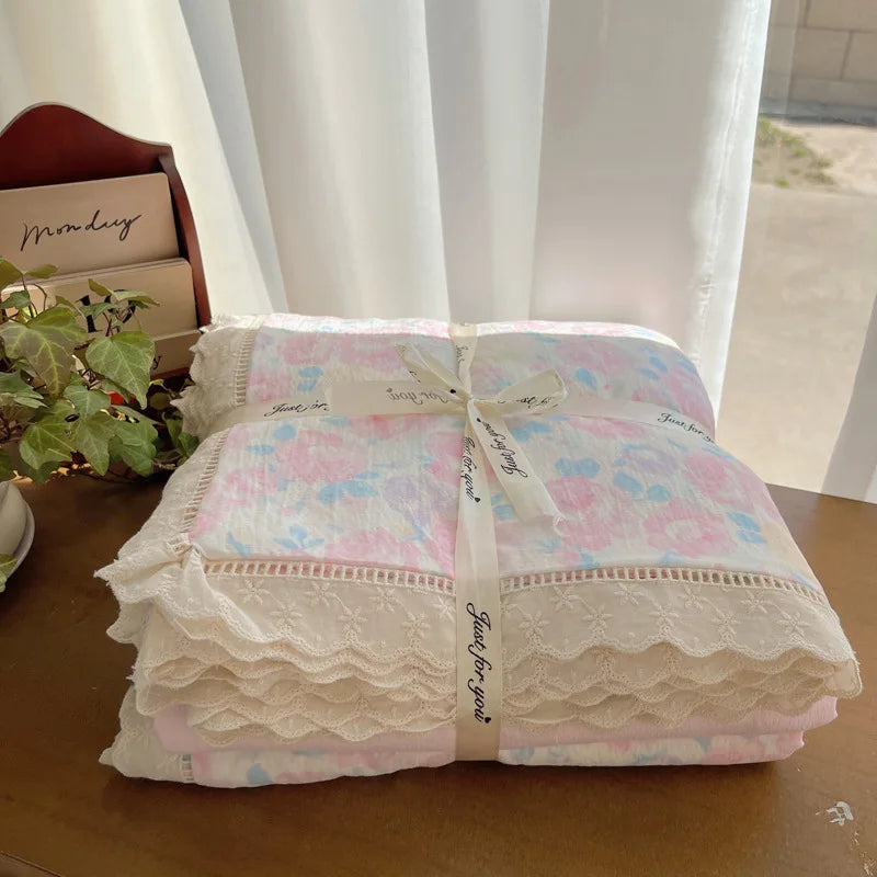 Cyflymder  New A-Class Hollow Lace Bedding Set Fitted Sheet Quilt Cover Pillowcase for Spring Summer Korean Skin Friendly Cozy Bedclothes