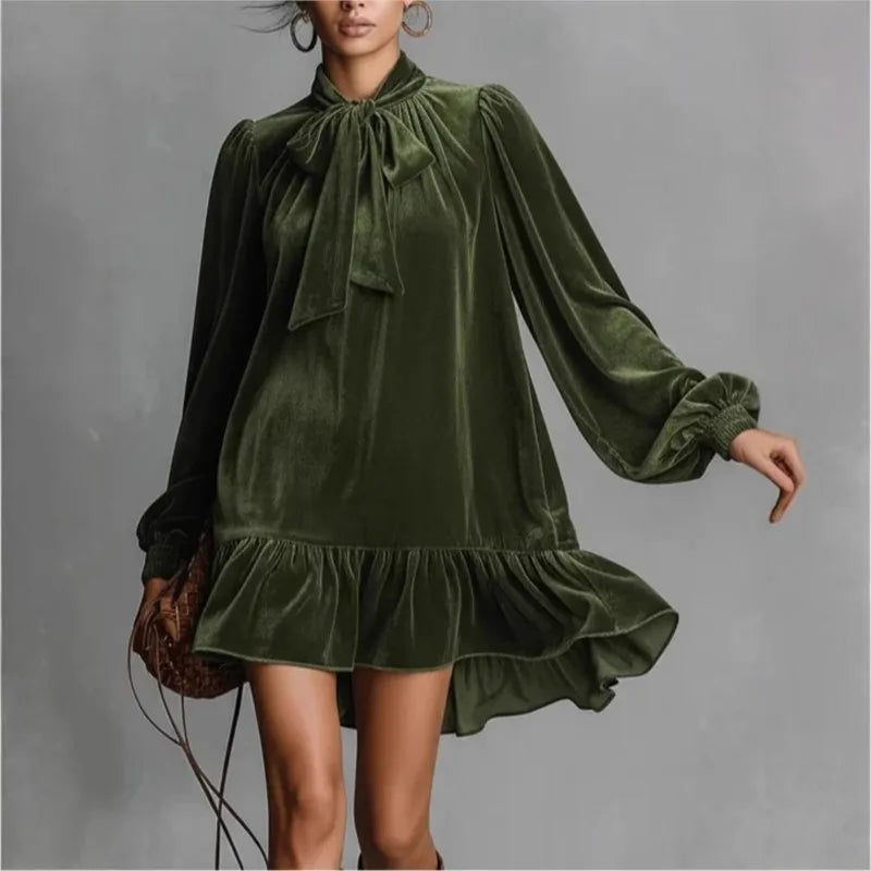Cyflymder  2026 Spring Autumn Long Sleeve Elegant Velvet Bow Mini Dress Women's Clothing Casual Party Work Evening Office Lady Dresses