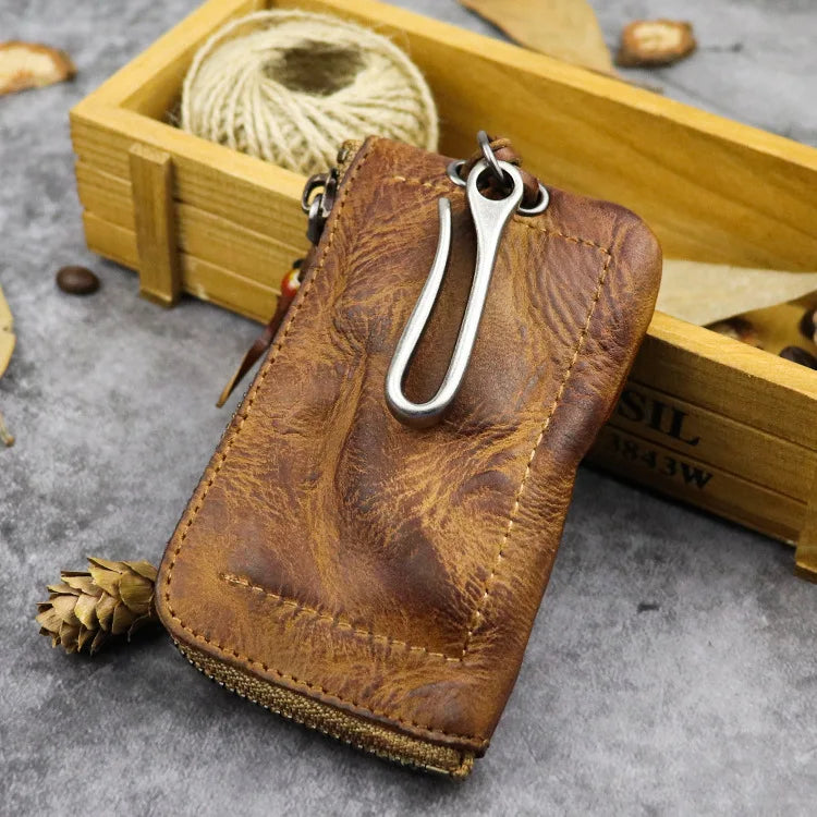 Cyflymder  Unisex Retro Real Leather Key Bag Zipper Card Bag Door Car for Men Women Key Holder Organizer Pouch Housekeeper Case