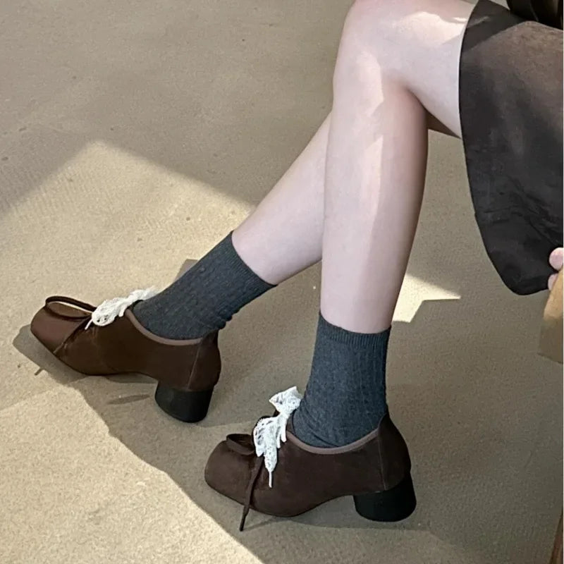 Cyflymder  French Style Low Heel Mary Jane Shoes for Women Fashion Faux Suede Lolita Square Toe Lace Up Chunky Heel Casual Designer Shoes