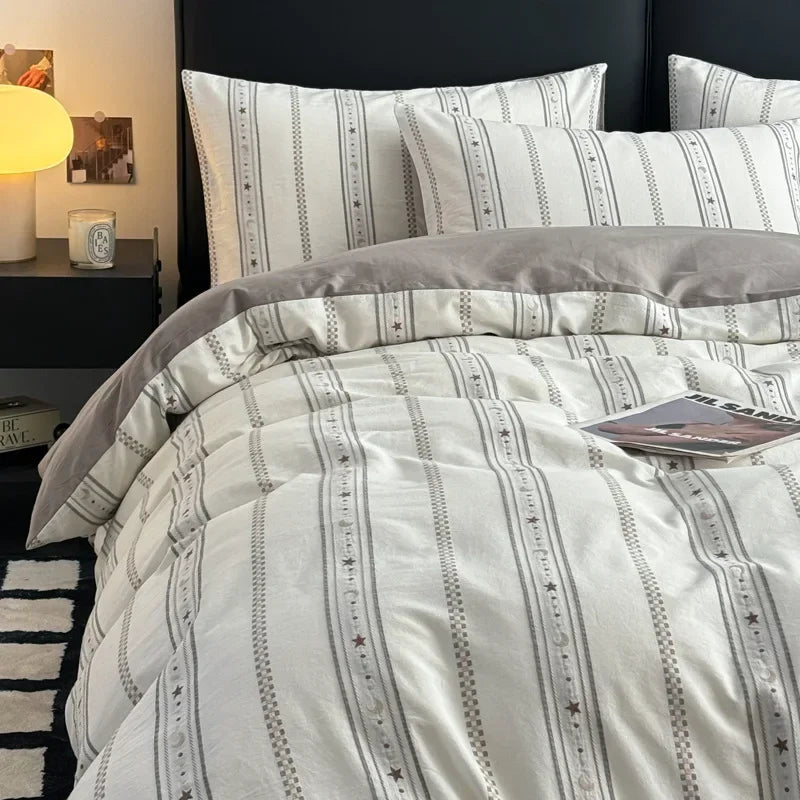 Cyflymder  4Pcs High-End Striped Jacquard Fitted Sheet Bedding 100% Cotton Soft Breathable Bedclothes Cozy Comfort Set with Corner Belt