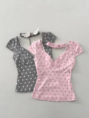 Cyflymder  Harajuku T-shirt Slim Sexy Y2k 90s Goth Punk Vintage Woman Clothes Hot Girl Backless Polka Dot V-Neck Summer Crop Top Sweet Tees