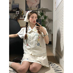 Cyflymder  2 Piece Sets Women Outfit Kawaii Lace Floral Embroidery Short Sleeve Shirts Vintage Cute Mini Skirt Summer New In Matching Sets