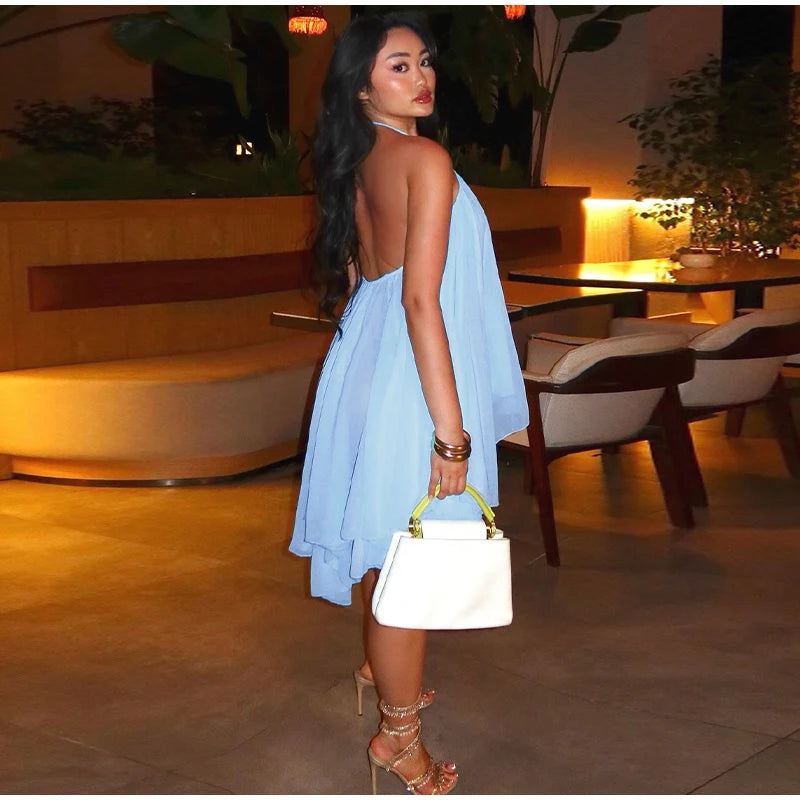 Cyflymder  Halter Pleated Backless Irregular Mini Dress Women Off Shoulder Sexy Big Swing A-line Holiday Dresses 2025 Summer Party Robe