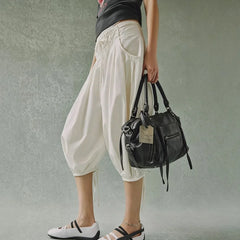 Cyflymder  Womens Wide Leg Pants Summer Baggy Harem Pants Palazzo Casual Loose Drawstring Waist Balloon Capri with Pockets