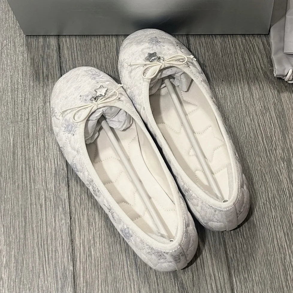 Cyflymder  Korean Style Unique Star Embroidery Bow Ballet Shoes For Women New Sweet Girlish Flat Shallow Mouth Dress Footwear