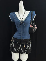 Cyflymder  Goth T-shirt Slim Y2k 2000s Fake 2piece Punk Harajuku Crop Top Women V-Neck Sexy Short Sleeve Bow Summer Sweet Basics Tees Chic