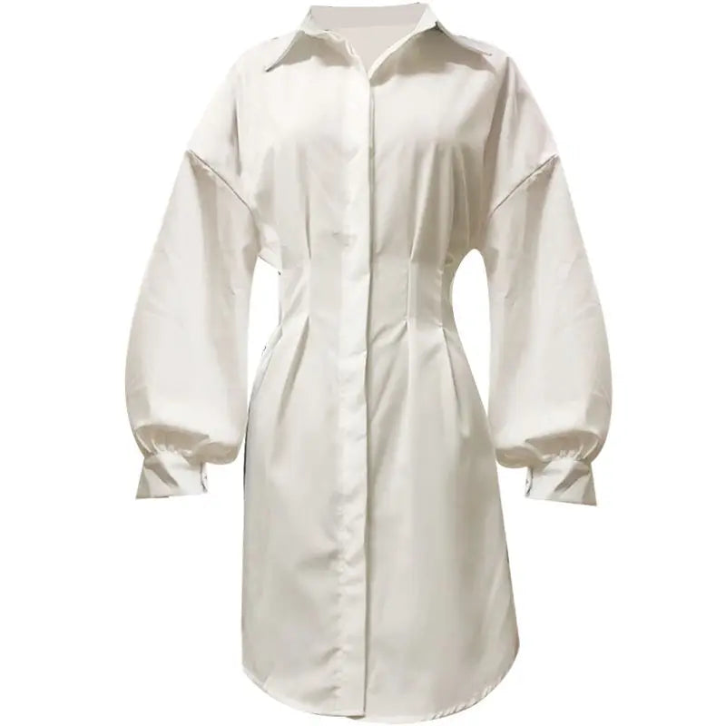 Cyflymder  Faionable Loose Long Sve Women's irt Waist-Cinching Midi Dr Trendy Street Sle Pure Color  Collar Button Detail