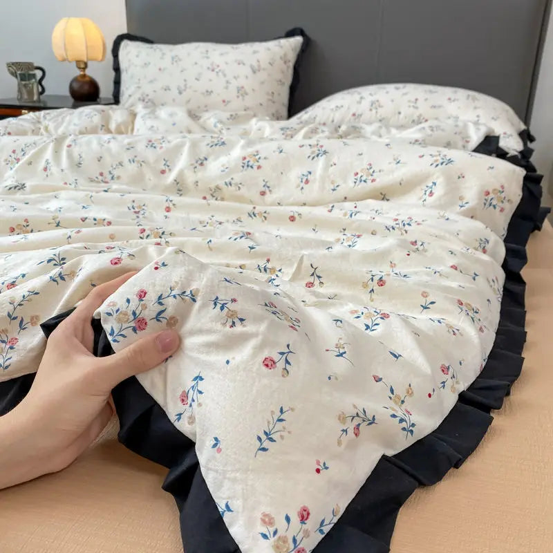 Cyflymder  INS French Style Floral Simple Black Lace Double Layer Gauze Bedding Set Washed Cotton Bed Sheet Fitted Sheet Fresh Quilt Cover