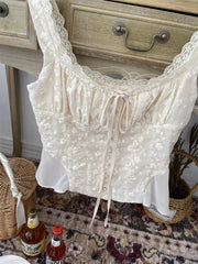 Cyflymder  Tie Bow ruffled Ruched Chest embroidery women tops new Summer Tank Tops single-breasted Girl Slim Crop Top camis