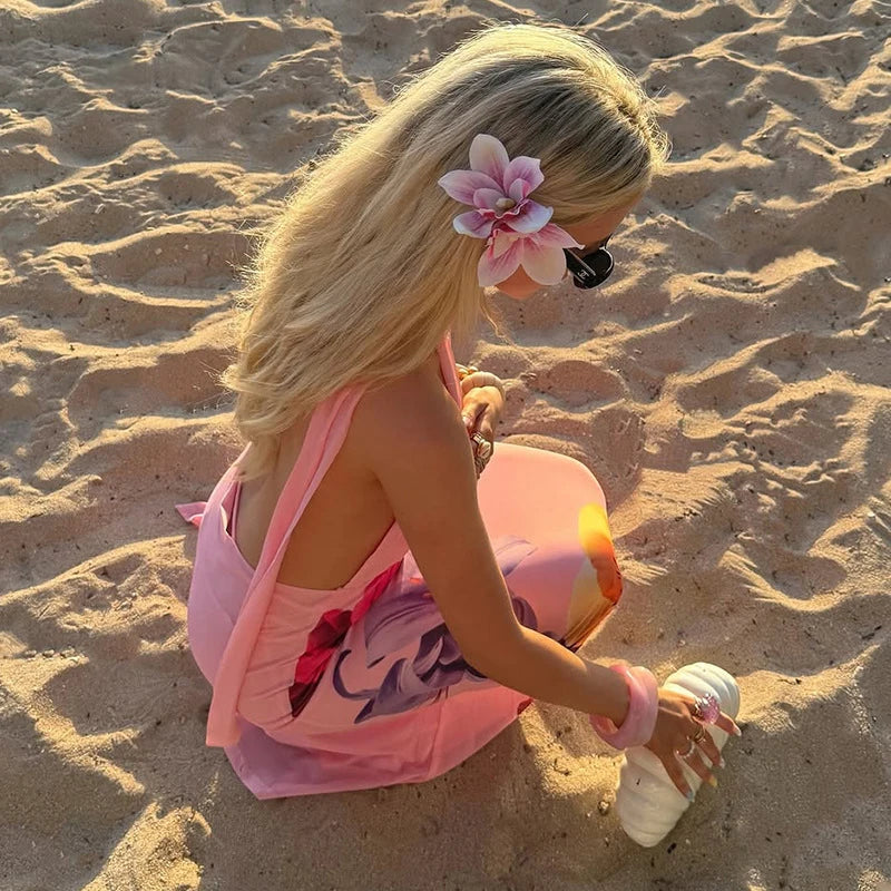 Cyflymder  Summer Floral Print Beach Party Dress Women's Sexy Halter Backless Hollow Out Vacation Dress Elegant Hight Waist Slim Long Dress