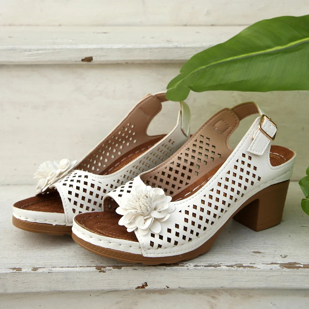 Cyflymder  Summer Fashionable Floral Thick High Heels Sandals for Women Strap Hollow Large Size Women's Shoes Platform Sliding Sandals
