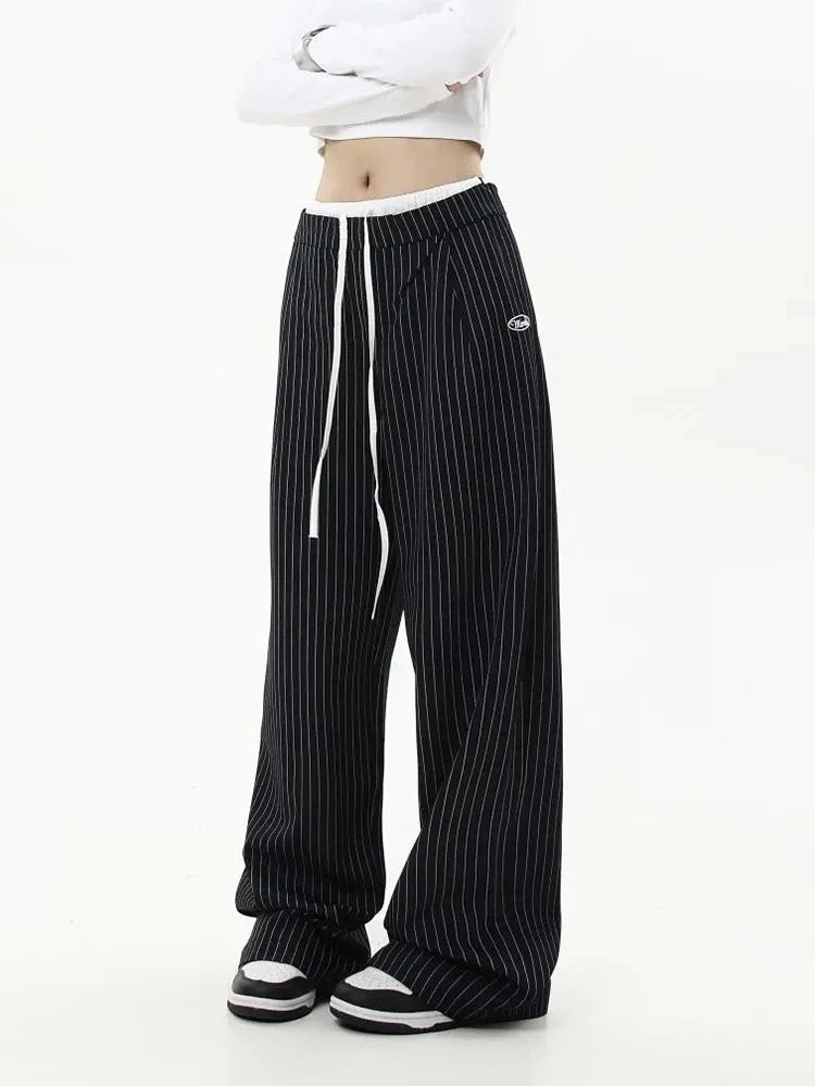 Cyflymder  American Striped Wide Leg Pants Women High Waist Patchwork Vintage Trousers Casual Loose Female Retro Straight Pants New