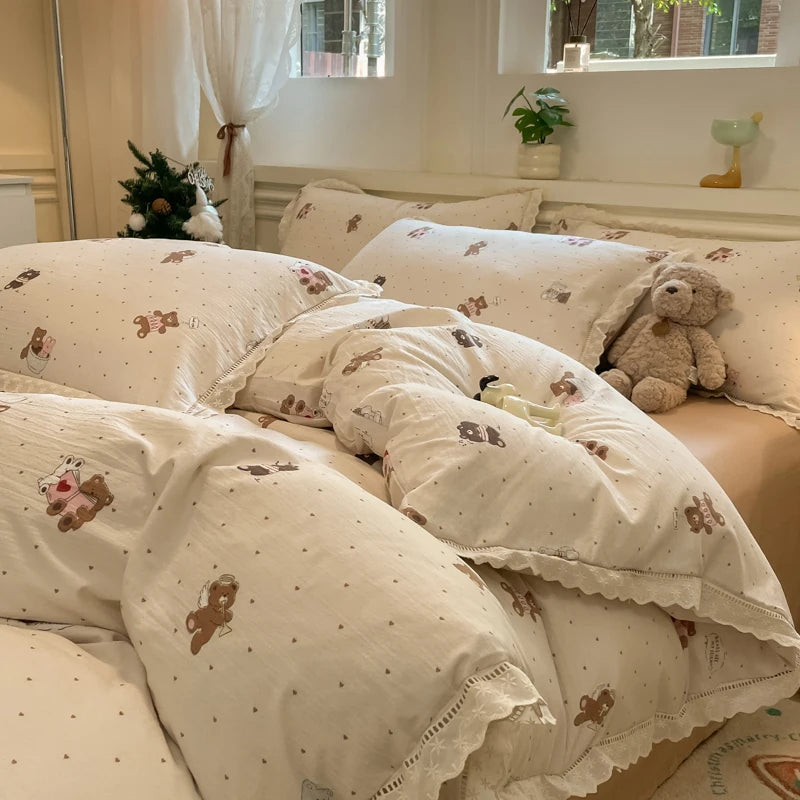 Cyflymder  INS Korean Style2025 New Yungan Cotton Wrinkled Double-layer Yarn Lace Bedding Sets