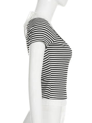 Cyflymder  Casual Patchwork Striped T Shirt Fake 2 Piece Basic Halter O-Neck Short Sleeve Tees Women 2025 Summer Fashion Streetwear