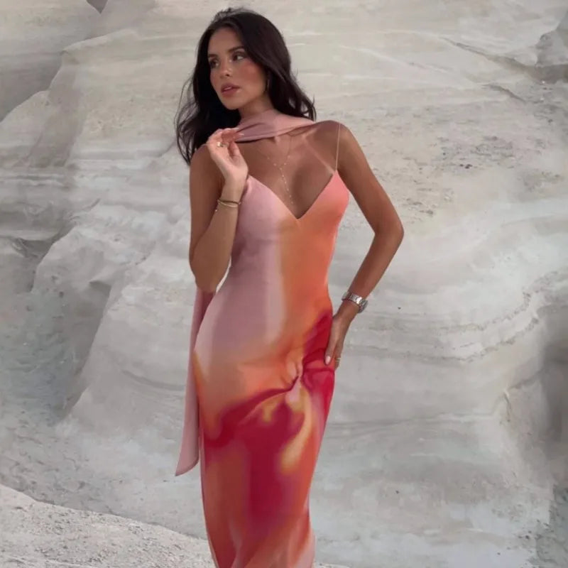 Cyflymder   Adorable Gradient Print Sling Maxi Dress – V Neck Backless Spaghetti Strap, Perfect for Party Evening Vacation Women שמלות  traf