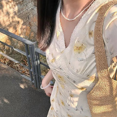 Cyflymder  Broken Flowers French Style V-Neck Dresses Summer Short Sleeve Female Clothing Fashionable Lace Spliced Aura A-Line Long Dress