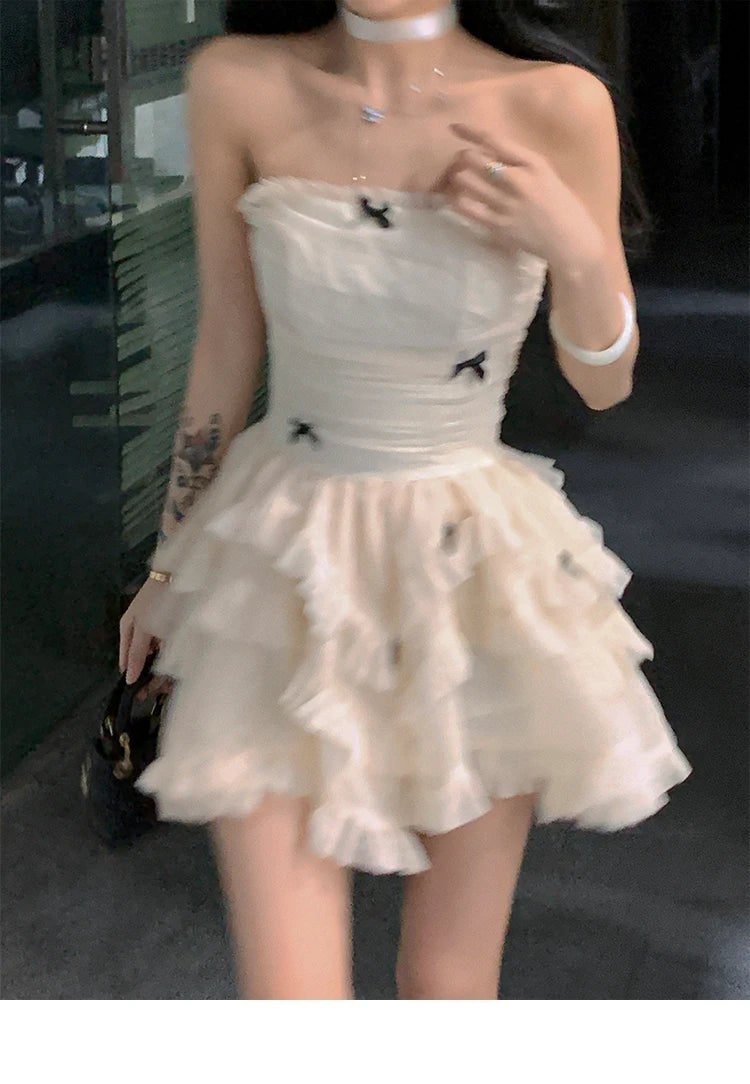 Cyflymder  Summer French Vintage Sweet Dresses Female Kawaii Y2K Fashion Fariy Mini Dress Korean Party Ruffles Puff Sleeve Cake Dress