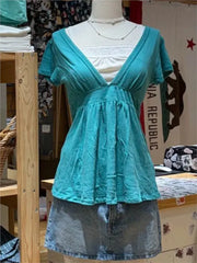 Cyflymder  Turquoise Deep V-neck Fold T-shirts Women Casual Cotton Short Sleeve Slim Tee Shirts Vintage Simple All-match Long Tshirt Y2K