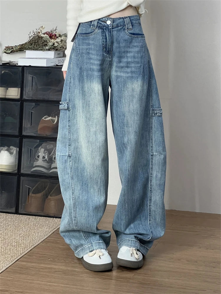 Cyflymder  Women' Curved Straight Wide Leg Light Blue Jeans Young Girl Denim Trousers Vintage Street Style Bottoms Female High Waisted Pant