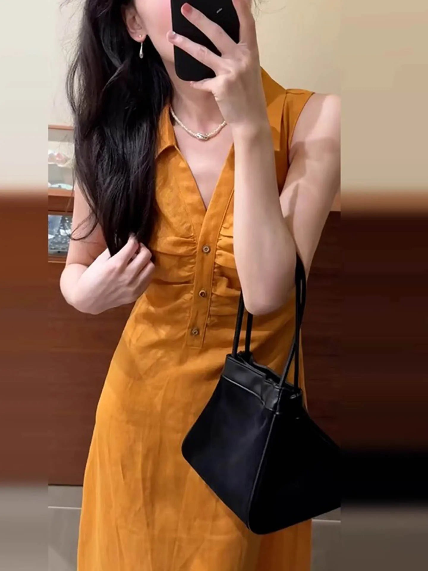 Cyflymder  Korean Style Yellow Dress Women's Summer Sleeveless Shirt Dress Elegant Waist Slimming Maxi Outfit
