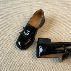 Cyflymder  Genuine Leather Loafers For Women Vintage Shiny Block Heel Brogue Casual Shoes British Style Leather Dress Footwear