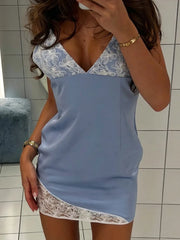 Cyflymder  Sexy Low-Cut Camisole Lace Satin Patchwork Mini Dress Women's Slim-Fit Party Club Holiday New Dress Fall
