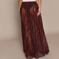 Cyflymder  Coquette Grunge Sheer Lace Maxi Skirt Built-in Thongs Design Low Elastic Waist Flowy Skirt Elegant Lady Grunge See-Through Skirt