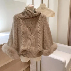 Cyflymder  Autumn Elegant Batwing Sleeve Sweater Women Turtleneck  Knitted  Pullovers Chic Tops Fashion Fur Patchwork Knitted Jumpers 630A